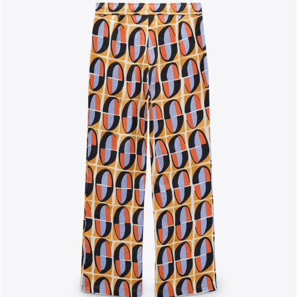 Zara Straight Cut Printed Pants Ocher S - Picture 6 of 8